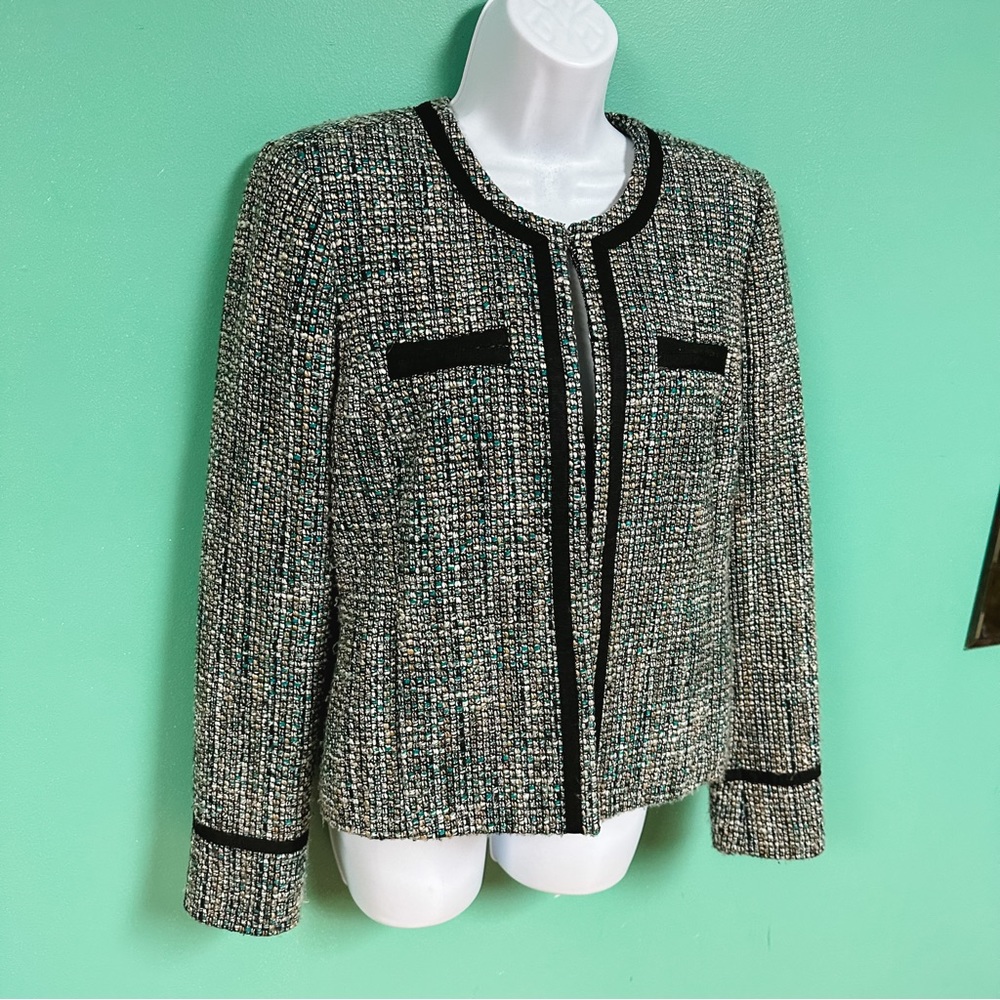 Daisy Fuentes Black Tan & Teal Boucle Tweed Blazer Womens Size M - Picture 3 of 9